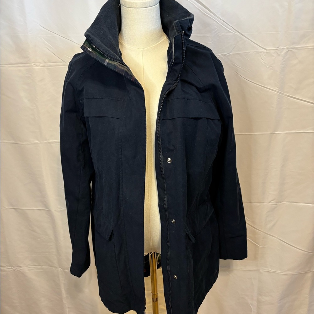 Pendleton Hooded Coat L Navy Blue Plaid Lined Zip Snap Jacket Heritage Preppy